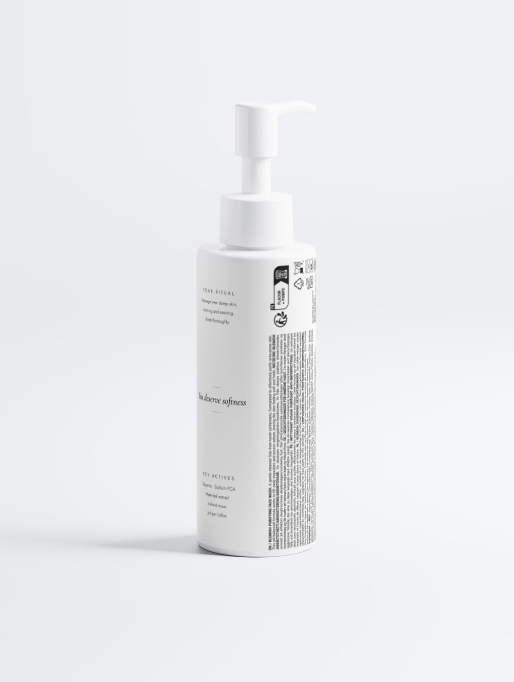Clear acne face wash, 140 ml white pump bottle, front view