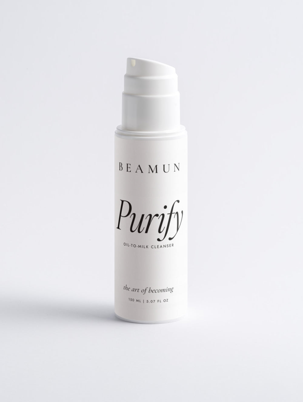 Purify oil-to-milk cleanser, 150 ml white pump bottle, front view