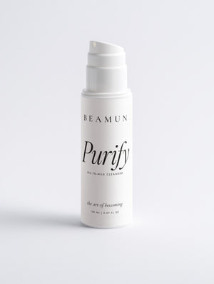 Purify oil-to-milk cleanser, 150 ml white pump bottle, front view