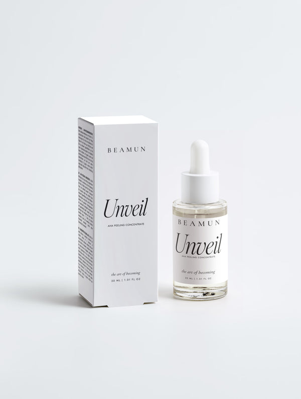 Unveil AHA peeling concentrate and its carton, front view