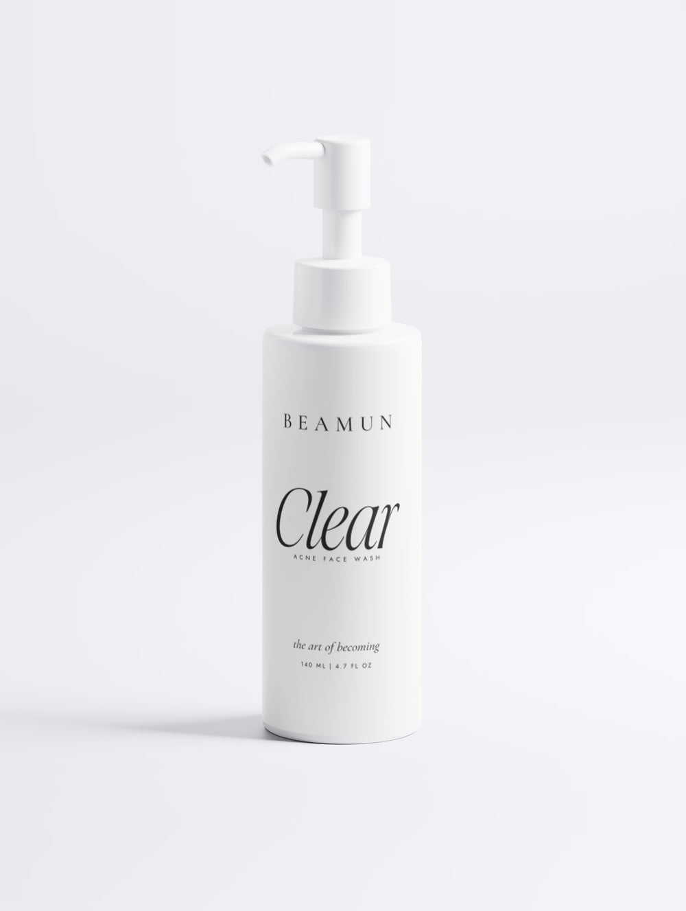 Clear acne face wash, 140 ml white pump bottle, front view