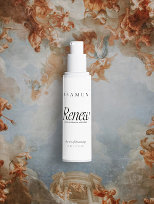 Renew bottle against a pale fresco painting