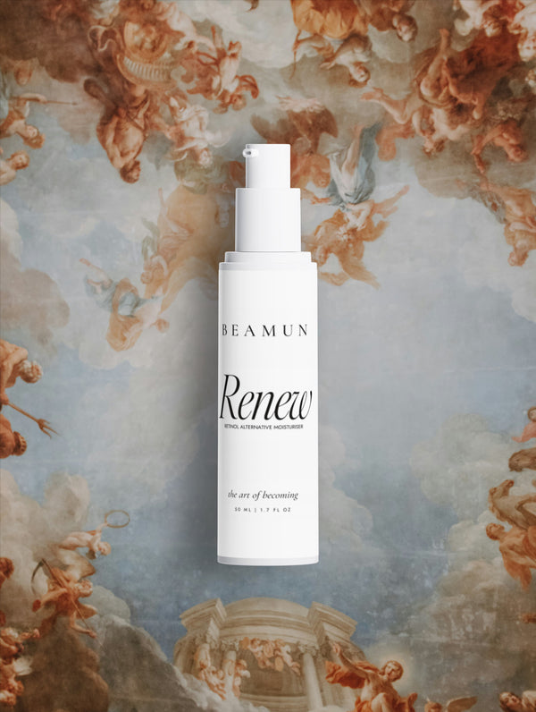 Renew bottle against a pale fresco painting